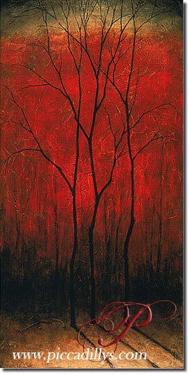 Digital image depicting Robert Cook's painting titled Black Trees On Red.